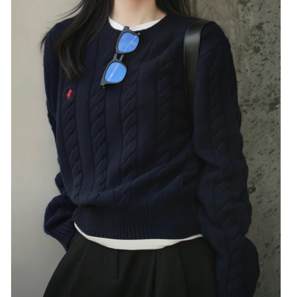 秋冬女装洋气老钱风百搭小马刺绣针织衫慵懒风高级感套头毛衣上衣