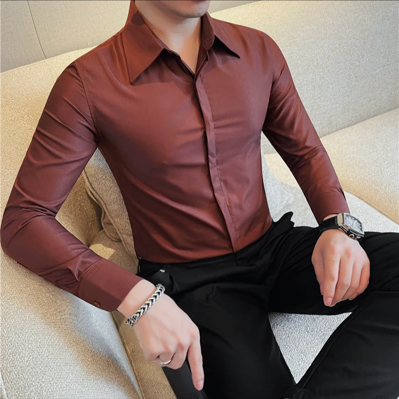 衬衫男士长袖商务休闲大尖领修身帅气春秋纯色高级感暗扣正装衬衣