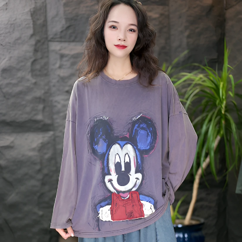 原单外贸宽松型薄款常规卡通动漫长袖卫衣印花黑色欧若T恤中长款