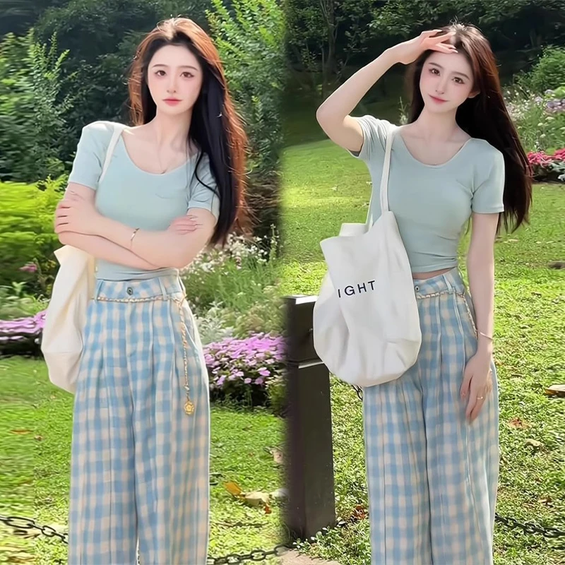 夏季小清新温柔减龄气质正肩短袖T恤蓝白格子休闲宽松阔腿裤套装