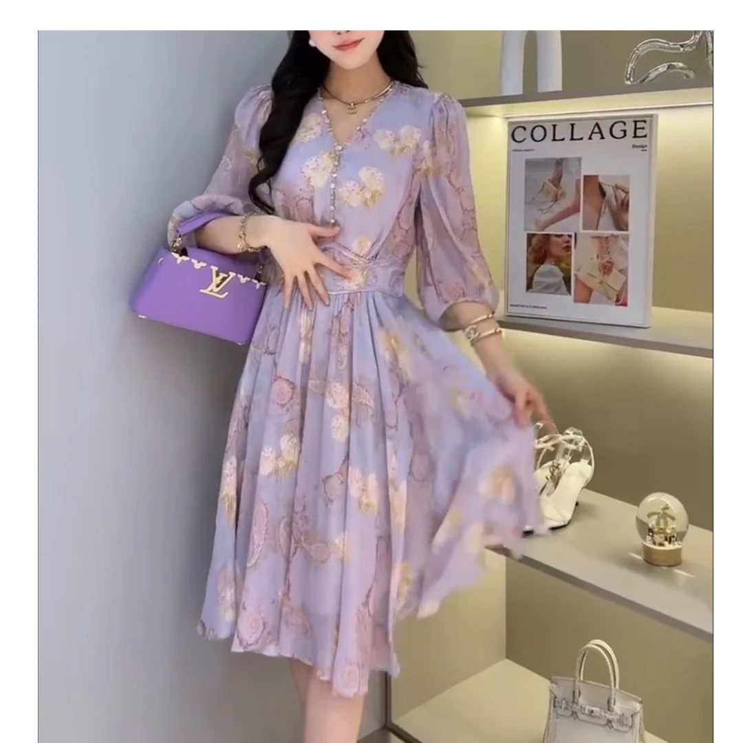 1117 夏季新款高端优雅收腰显瘦桑蚕丝度假连衣裙