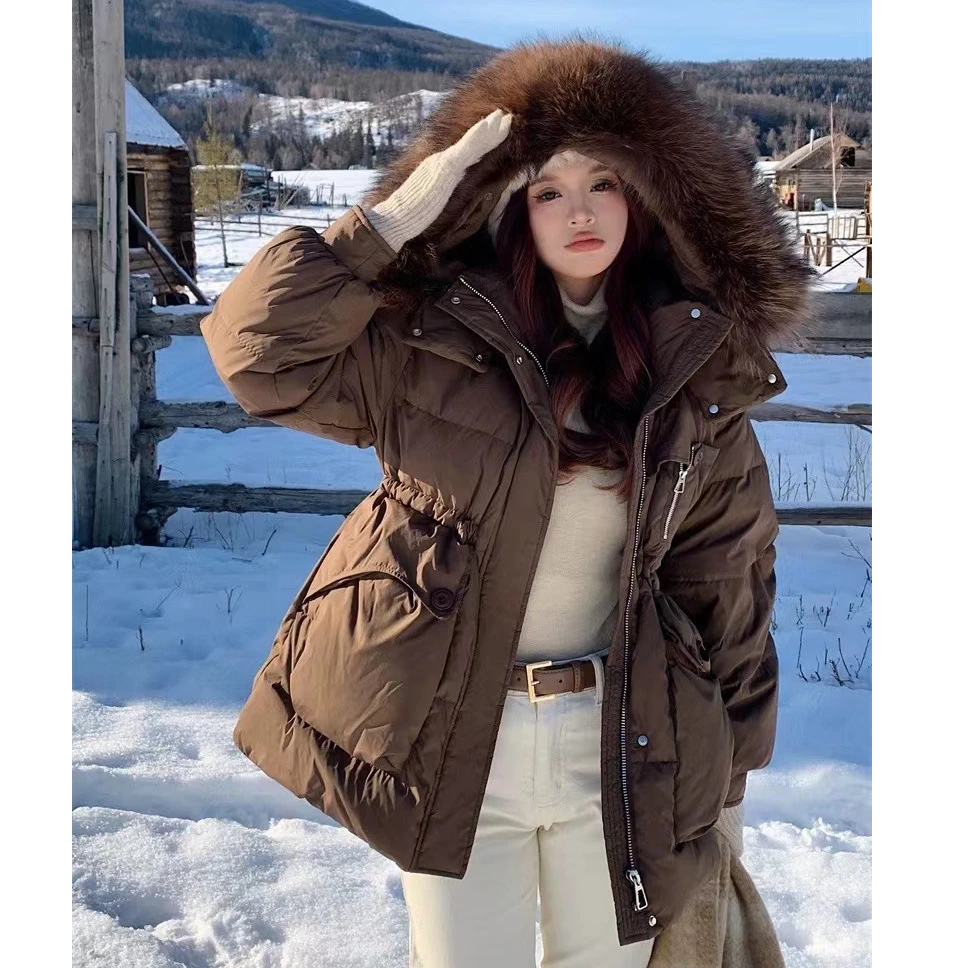 精选127新小个子连帽真毛大毛领羽绒服收腰时尚百搭轻奢中长款女