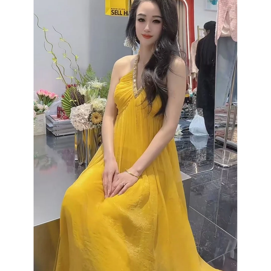 【白羊专属】（自带胸垫）千金玛德琳连衣裙挂脖绑带连衣裙减龄气质