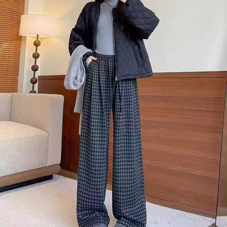 复古格子毛呢阔腿裤女春秋冬2024新款高腰休闲糯米格子直筒裤