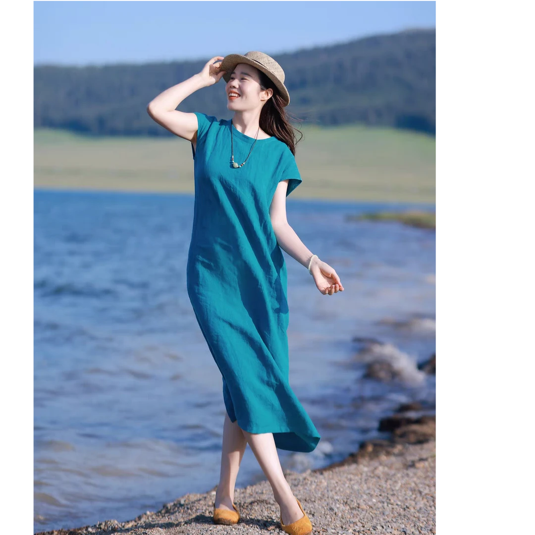 红念原创蓝色亚麻连衣裙女宽松休闲夏季2025新款女装气质优雅裙子