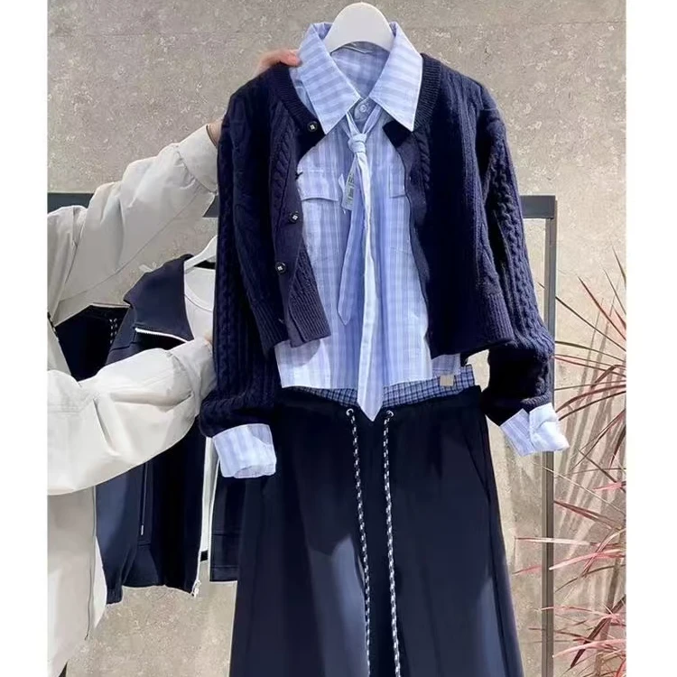 学院风拼色格子针织开衫设计感刺绣休闲麻花上衣+衬衫+阔腿裤