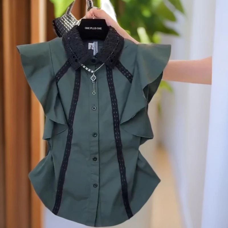 大码2025夏季蕾丝拼接荷叶边气质显瘦无袖衬衫新款设计感上衣时尚