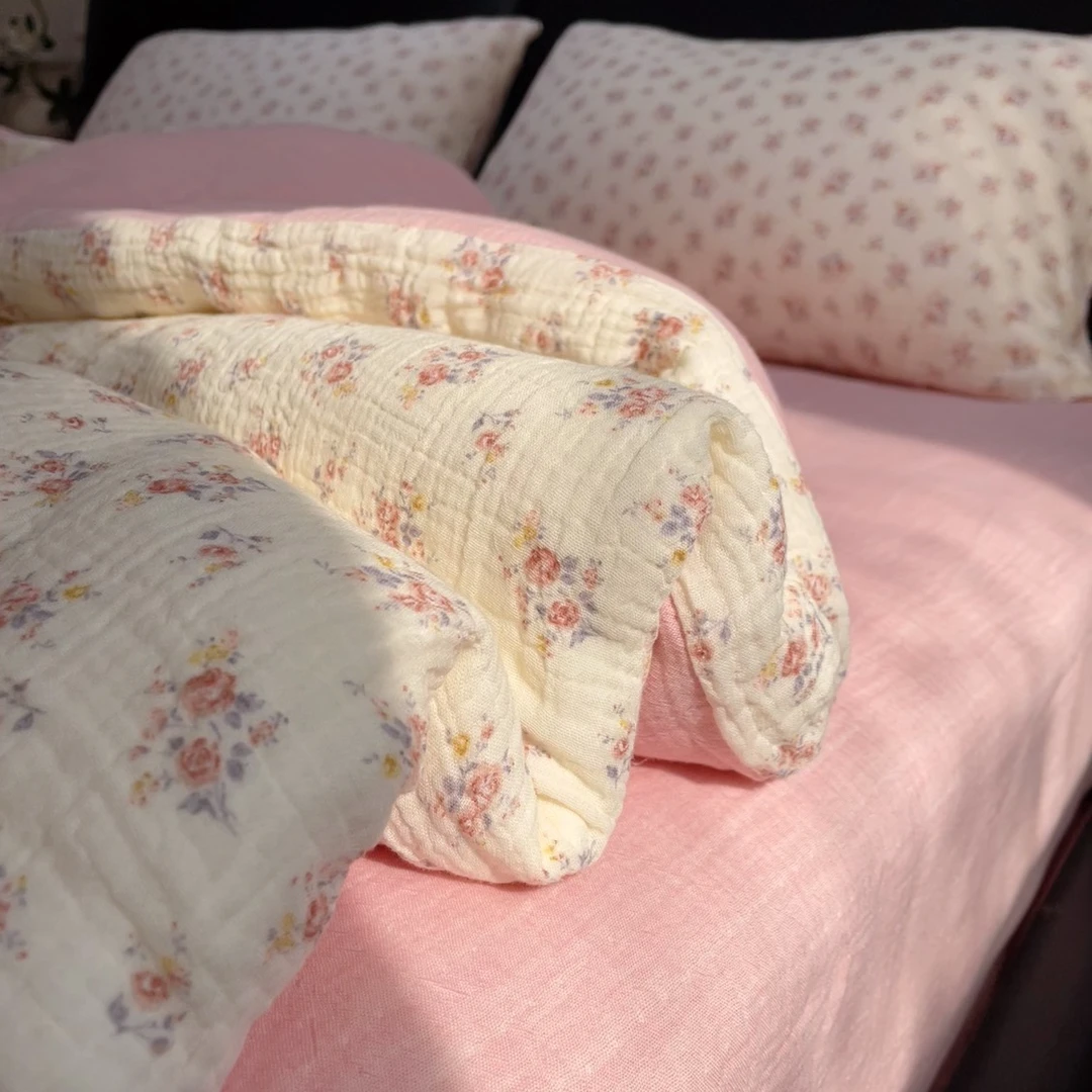 A类母婴级粉色双层皱皱纱纯棉四件套全棉床单被套床笠床上用品