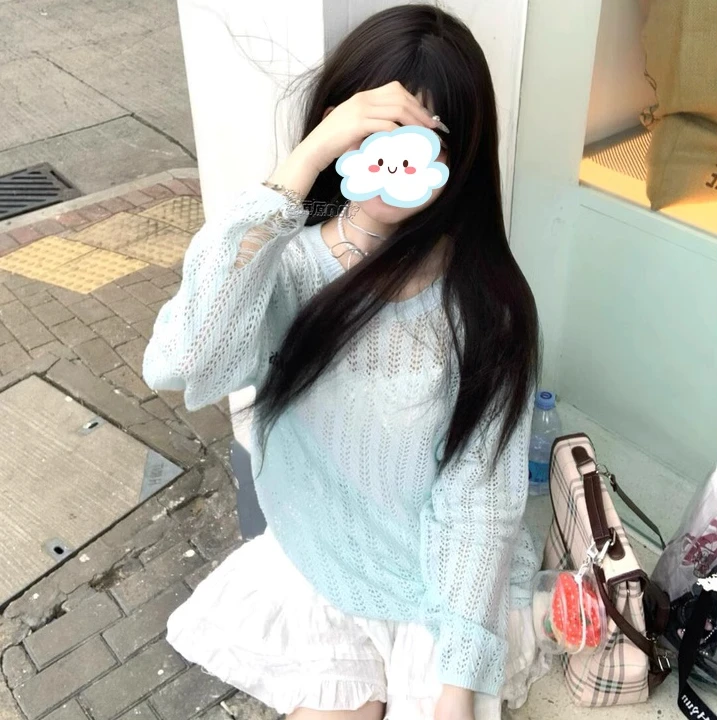 2025新款蓝色外搭镂空防晒罩衫女夏季薄款宽松长袖针织上衣