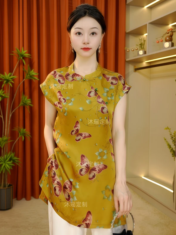 【明月】2025新款女装中国风新中式T恤上衣显瘦夏季中长款时尚