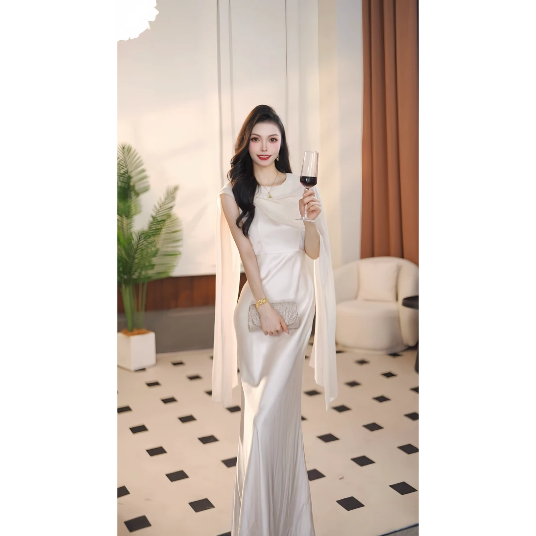 【尧尧】“百变女神”春季新款米白优雅网纱修身连衣裙-DJ10150