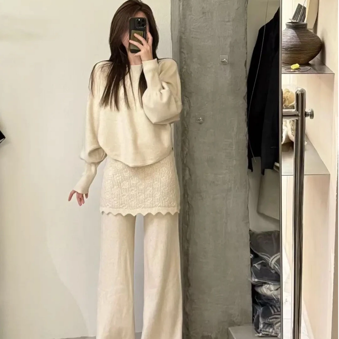 2025冬季新款韩版时尚慵懒风毛衣针织衫上衣蕾丝屁帘阔腿裤套装女