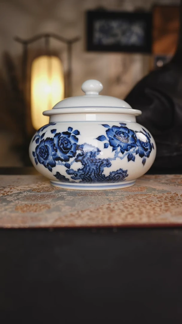陶待月观山牡丹茶叶罐