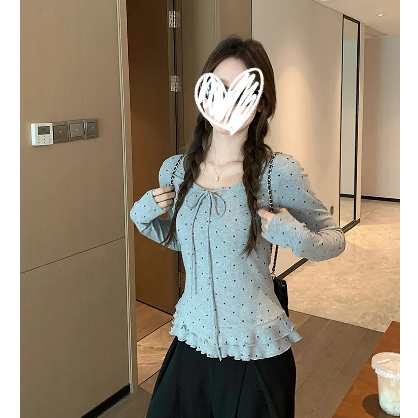 少女风波点木耳边长袖t恤女设计蝴蝶结绑带显瘦圆领上衣打底