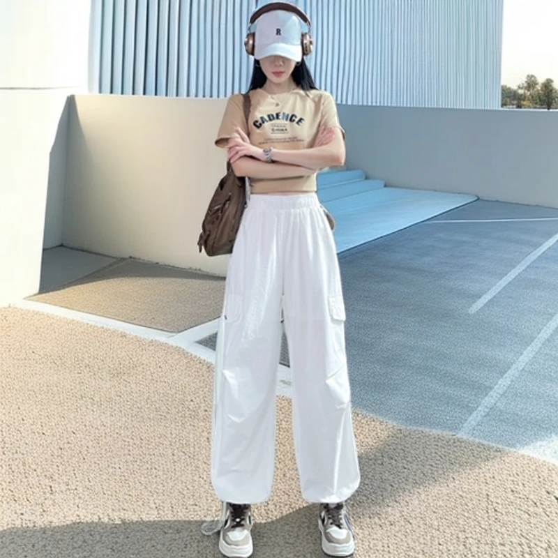 夏季薄款速干休闲裤防晒美式速干工装裤女松紧腰垂感登山阔腿裤女