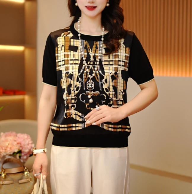 2025新品桑蚕丝印花休闲圆领时尚通勤女士打底短袖-新款5