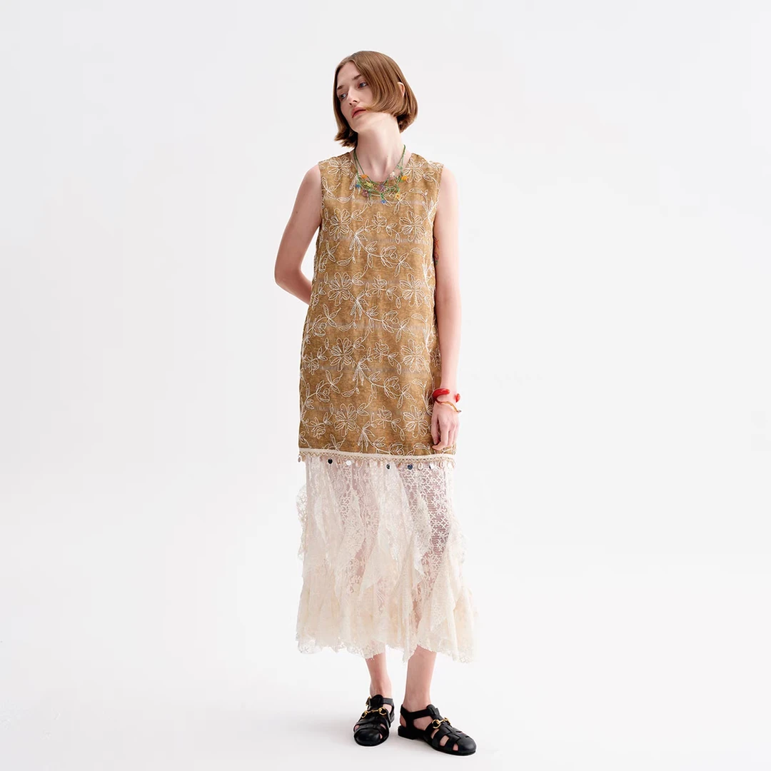 HI TO HI  设计师品牌 25夏季新品 咖色立体花蕾丝裙