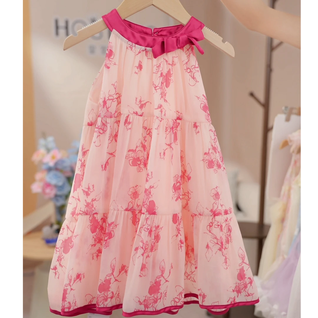 皇室童缘2025女童夏季洋气蝴蝶结网纱公主甜美连衣裙