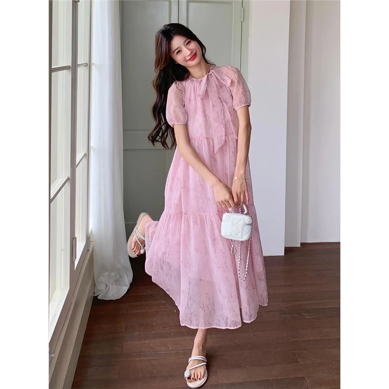 孕妇装夏季温柔风扎染粉色连衣裙小个子甜美遮肚泡泡袖中长孕妇裙