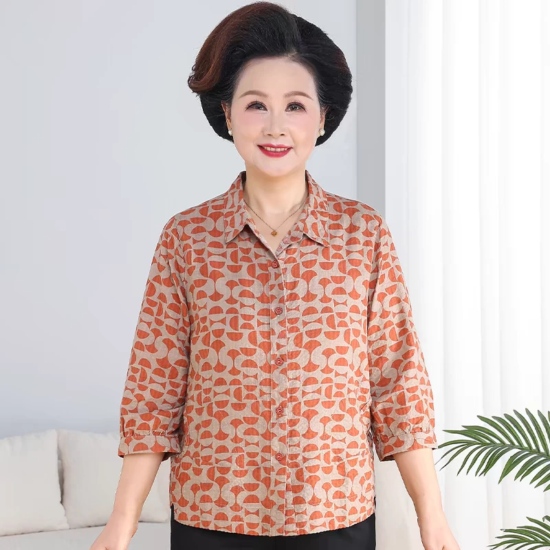 奶奶装夏装女碎花衬衫七分袖中老年妈妈装棉质上衣老人衣服老太太