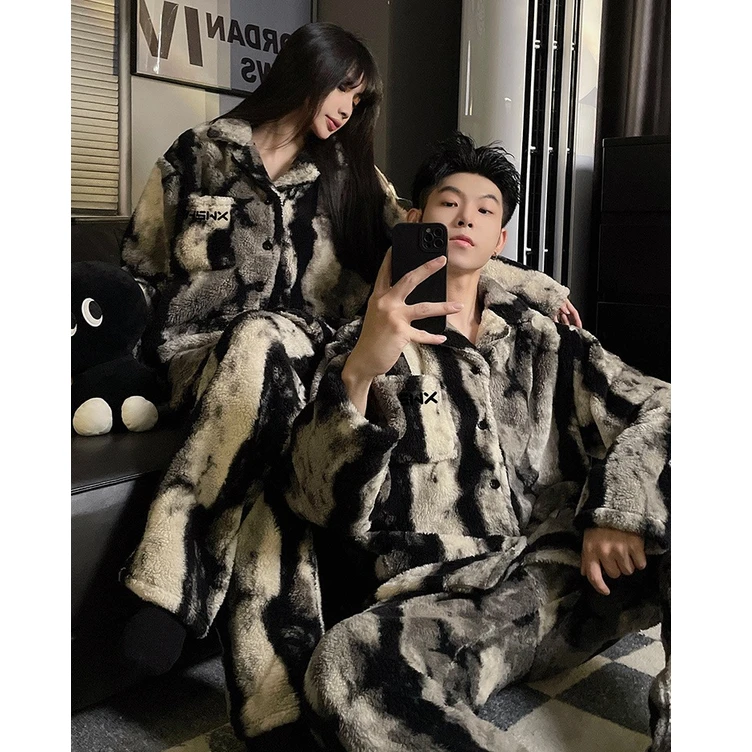 情侣睡衣女秋冬珊瑚绒加绒加厚开衫青少年冬天保暖男士家居服套装