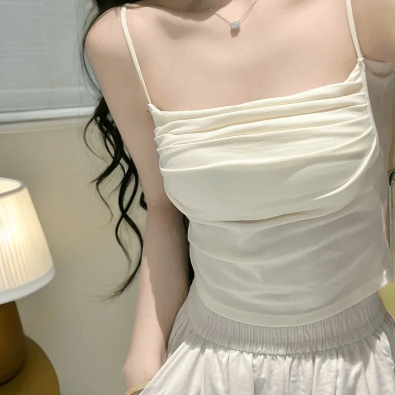 米白色百搭短款修身吊带背心女秋冬内搭美背带胸垫一体遮副乳打底