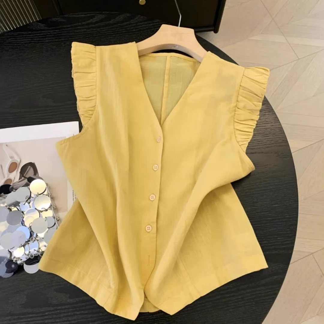 夏季2025新款法式小众甜美风洋气v领设计感小飞袖衬衫上衣女