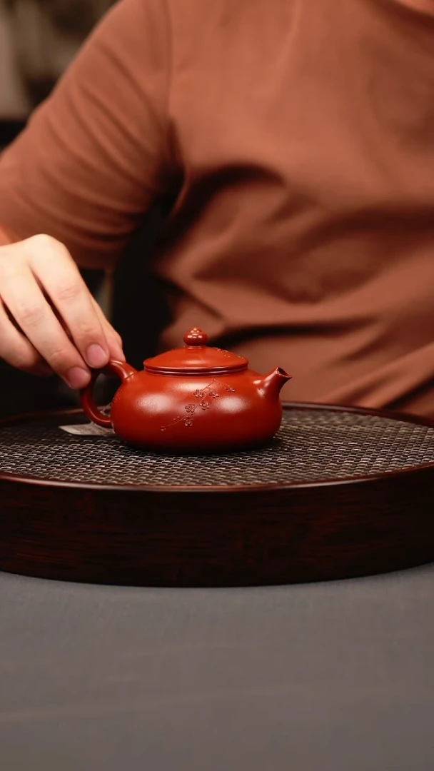茶壶紫砂红皮龙 寒江 堆梅