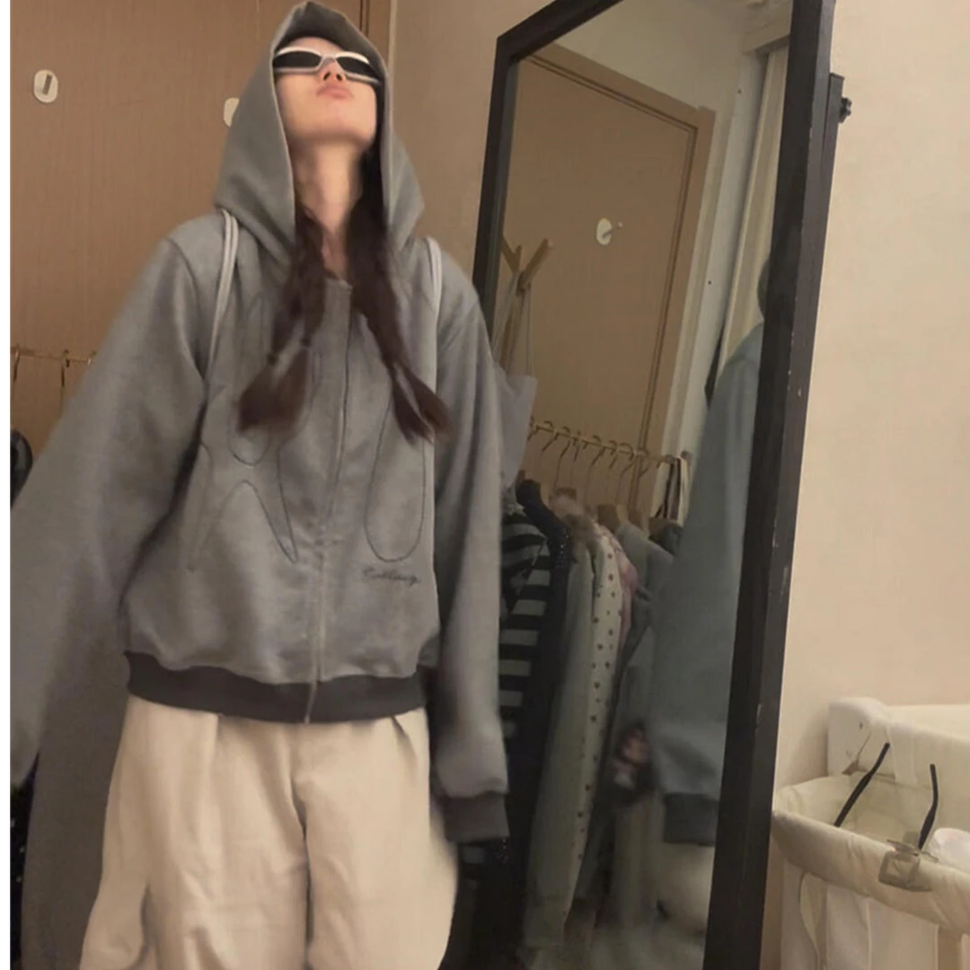 美式高街松弛感灰色刺绣连帽卫衣女春秋原宿风气质百搭宽松外套潮