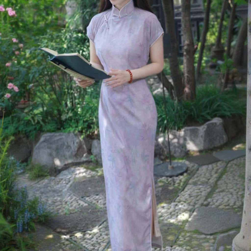 俏娘鱼旗袍新款中式古法半开襟松弛感女装贵气改良紫色日常中国风