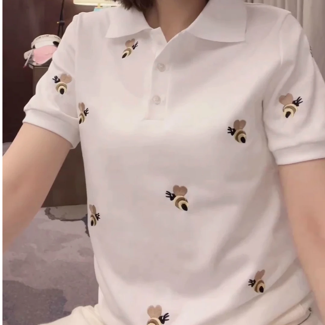 重工蜜蜂刺绣翻领短袖T恤女2025夏季新款设计感时尚百搭显瘦上衣