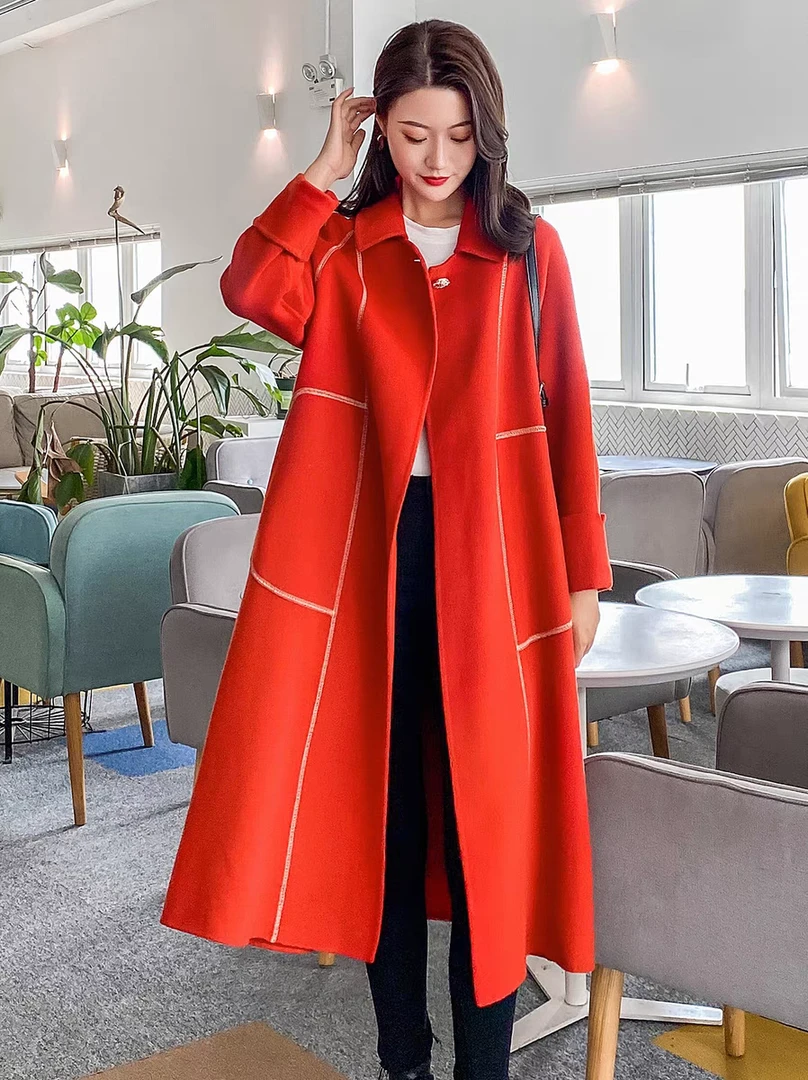 【鑫同辉】羊毛大衣气质时尚时尚女士羊绒宽松毛呢B0005橘红色