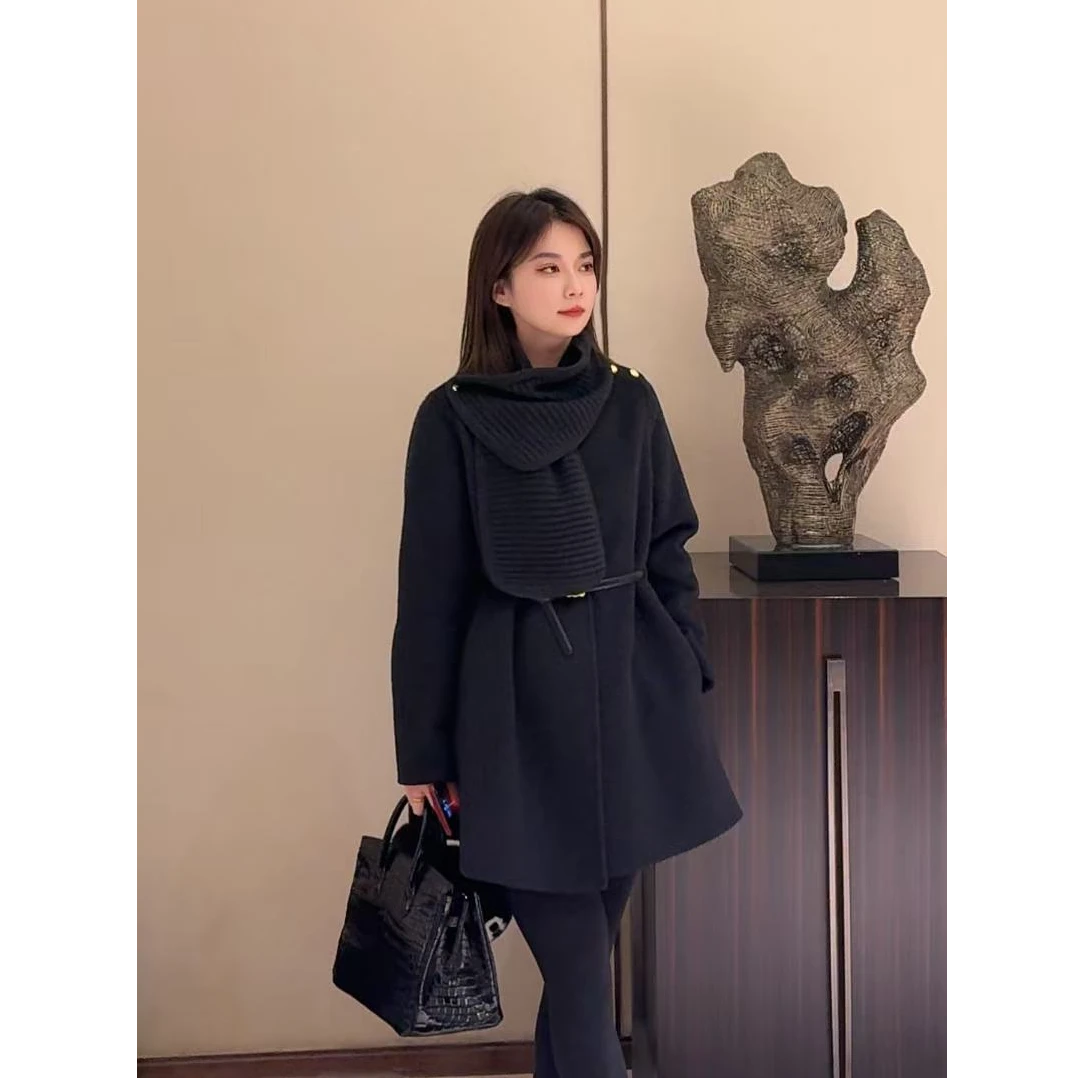 大胡子25年冬季新款中长款可拆卸毛呢外套大衣系腰带款85080