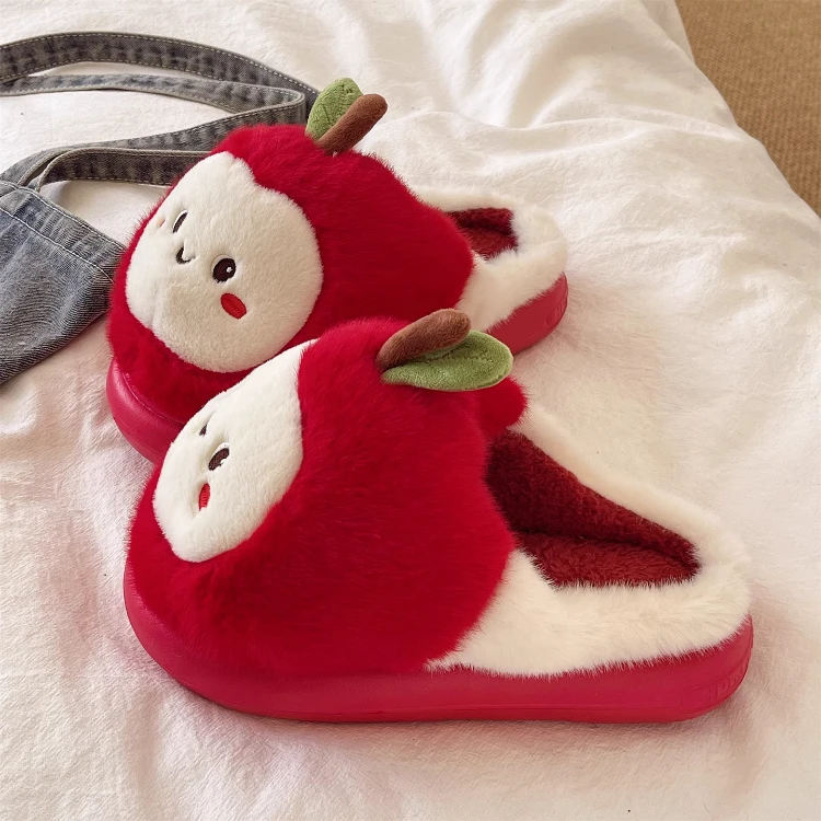 冬季棉拖鞋女外穿可爱苹果居家室内包头厚底防滑加绒保暖毛毛拖鞋