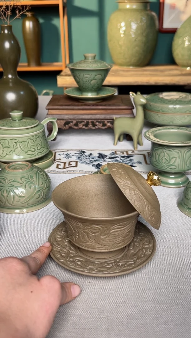 【闪购商品】其他耀州窑素胚瓷化凤衔石榴三才盖碗