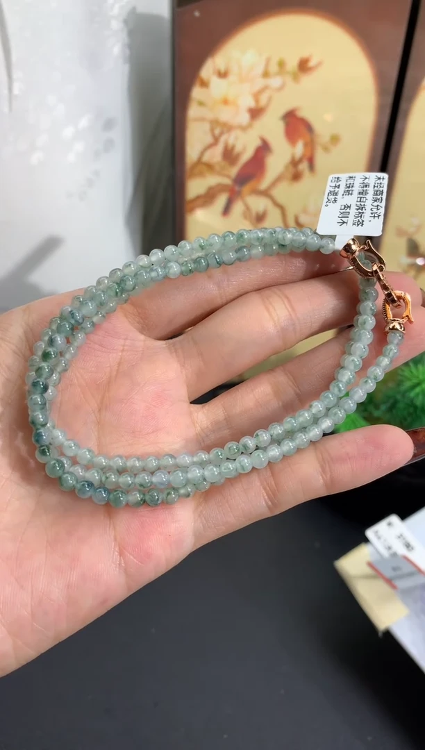 未镶嵌手串翡翠晴底飘绿花小米项链 卡3.7mm