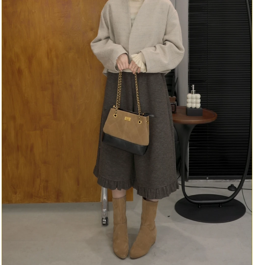 EVA RYAN休闲通勤花灰木耳边中裤女秋季复古高腰简约直筒裤E262