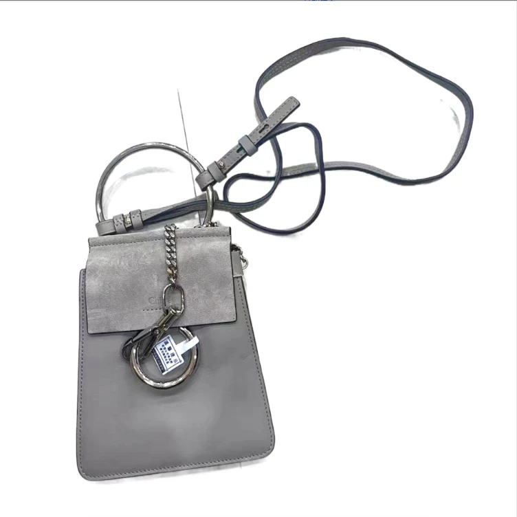 95新 Chloe/蔻依 克洛伊灰色银扣手机包单肩包