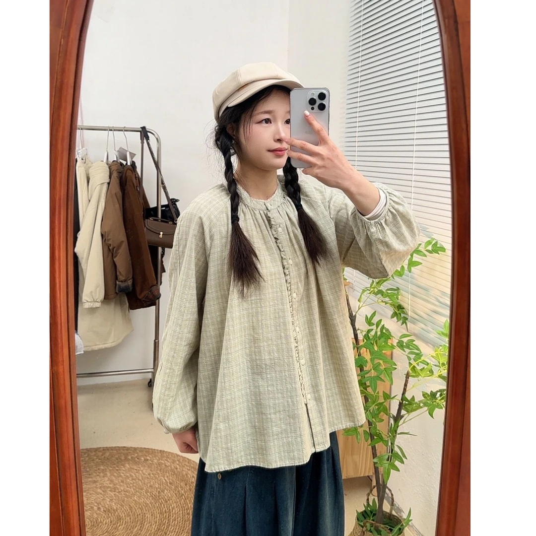 【门襟木耳边拼接格子棉麻衬衫】圆领文艺复古风上衣春季新款