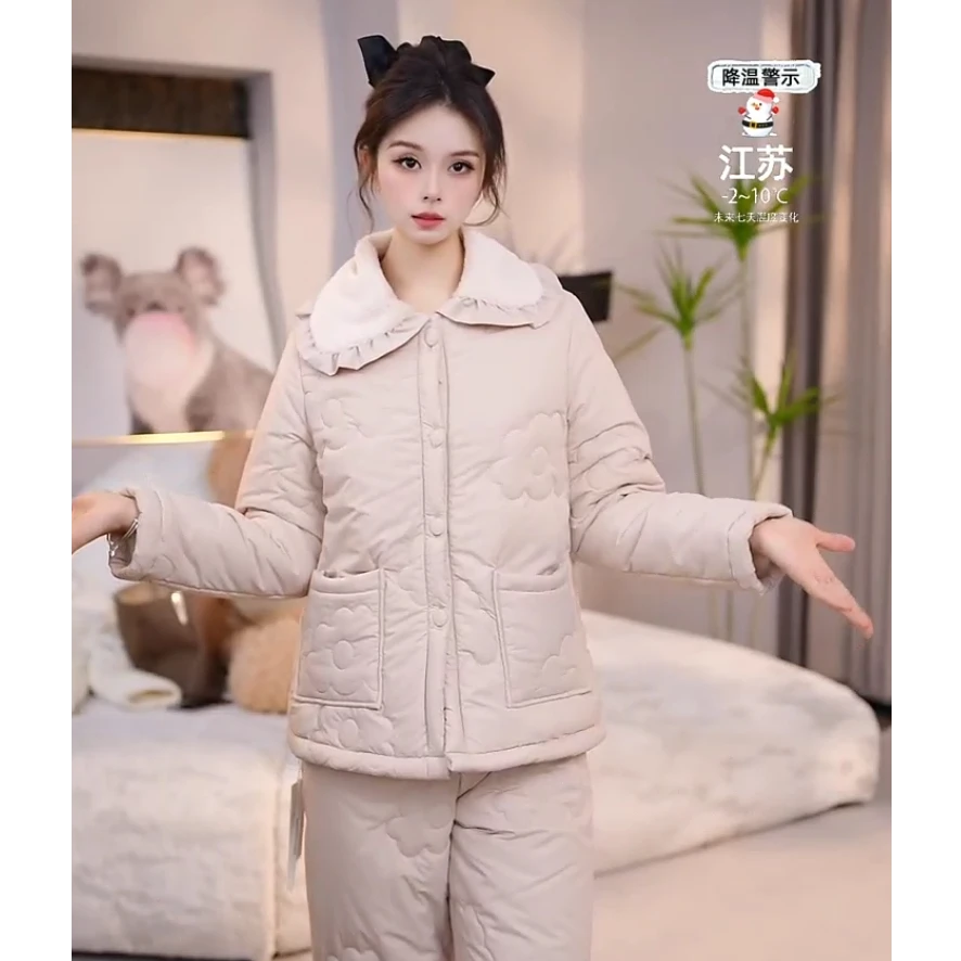 查理夫人【木汐】2024新款三层夹棉睡衣女冬季加绒加厚睡衣