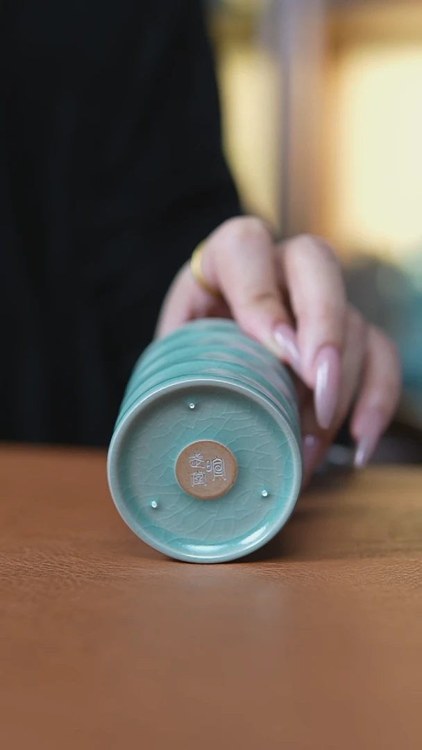 瓷片仿古翡翠绿纯手竹节杯