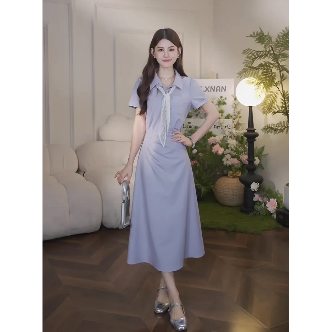 【紫醉心动】夏季新款时尚法式polo领气质显瘦假两件衬衫连衣裙女