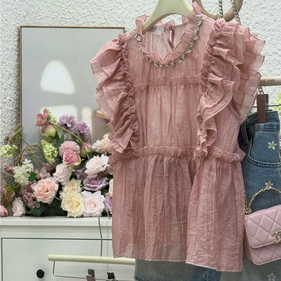 2025夏季新款法式大码荷叶边碎花小衫短袖女重工遮肚子上衣