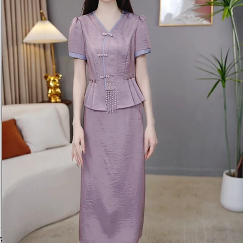 2025夏季新款时尚紫色优雅高端精致显瘦减龄休闲上衣半身裙两件套