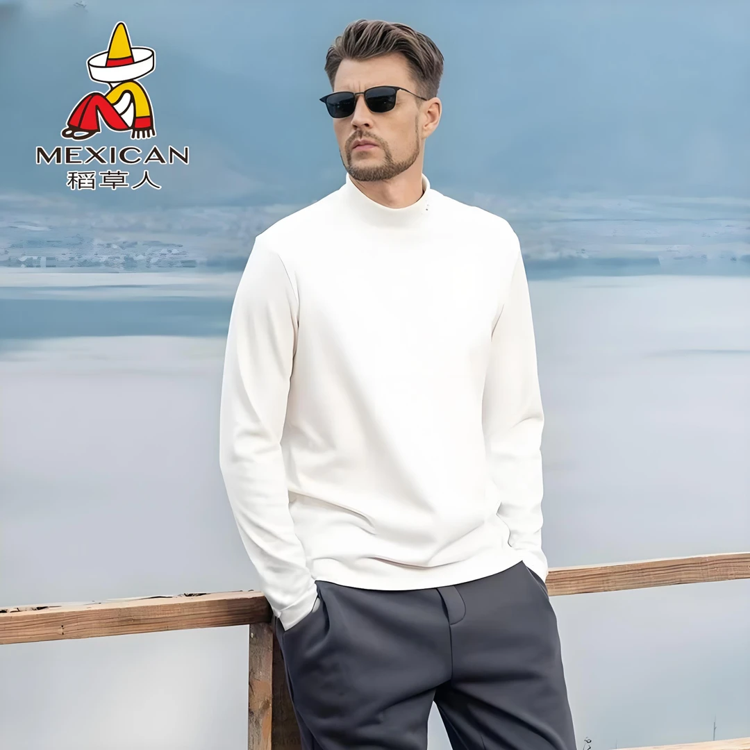 稻草人半高领纯色打底衫长袖上衣男士秋冬韩版修身内搭德绒体恤衫