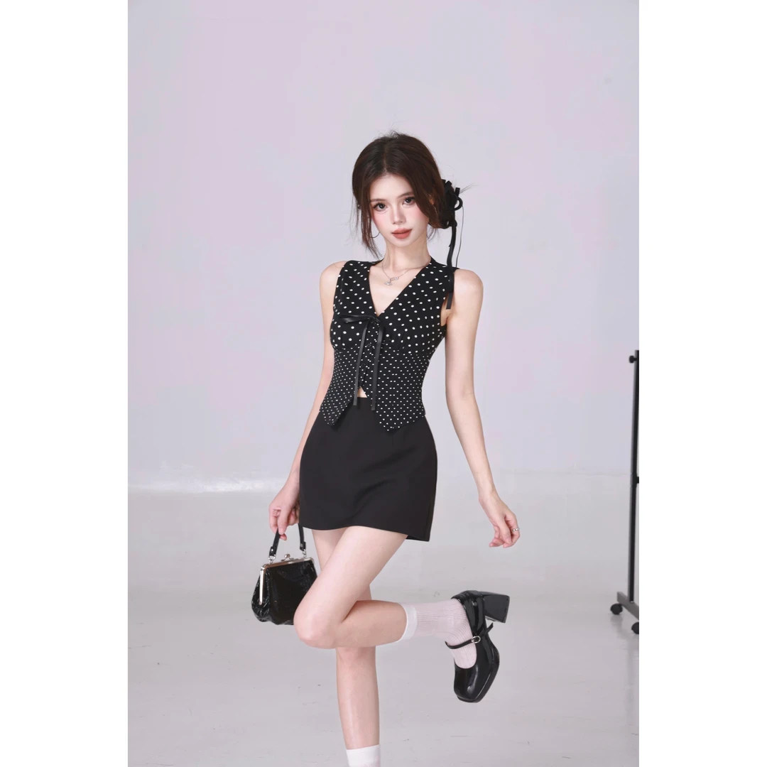 法式纯欲风无袖背心波点上衣半身裙子两件套装女设计感小众短裙夏