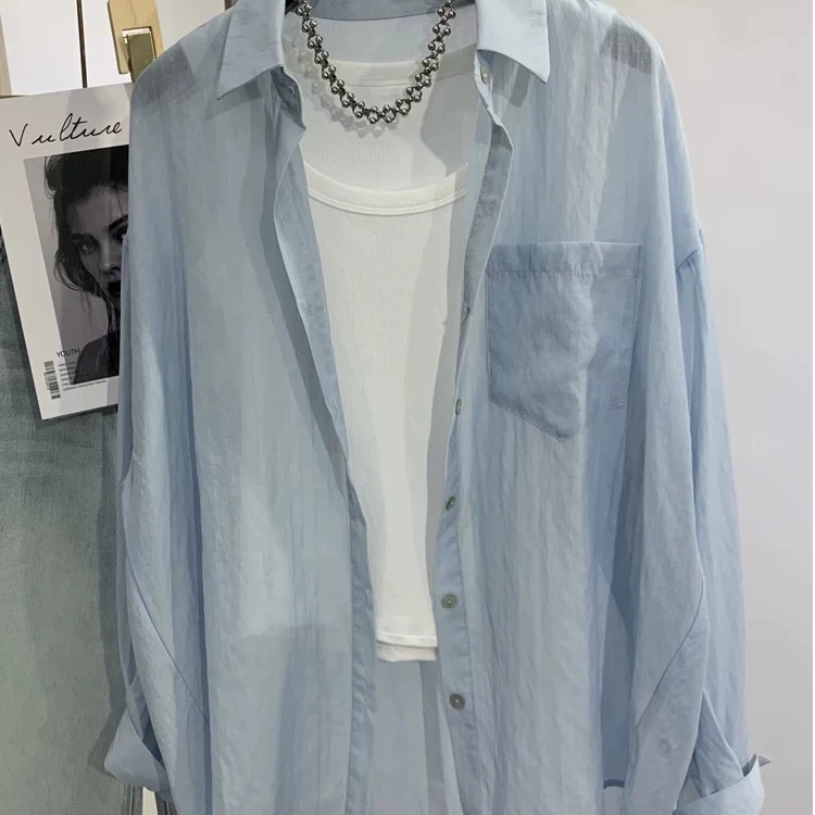 长袖衬衫薄款轻薄设计感夏季春夏法式蓝色亚麻衬衫防晒服