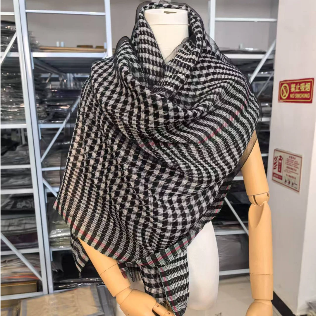 C155 黑白千鸟格 桑蚕丝羊毛围巾丝巾披肩通用70*180