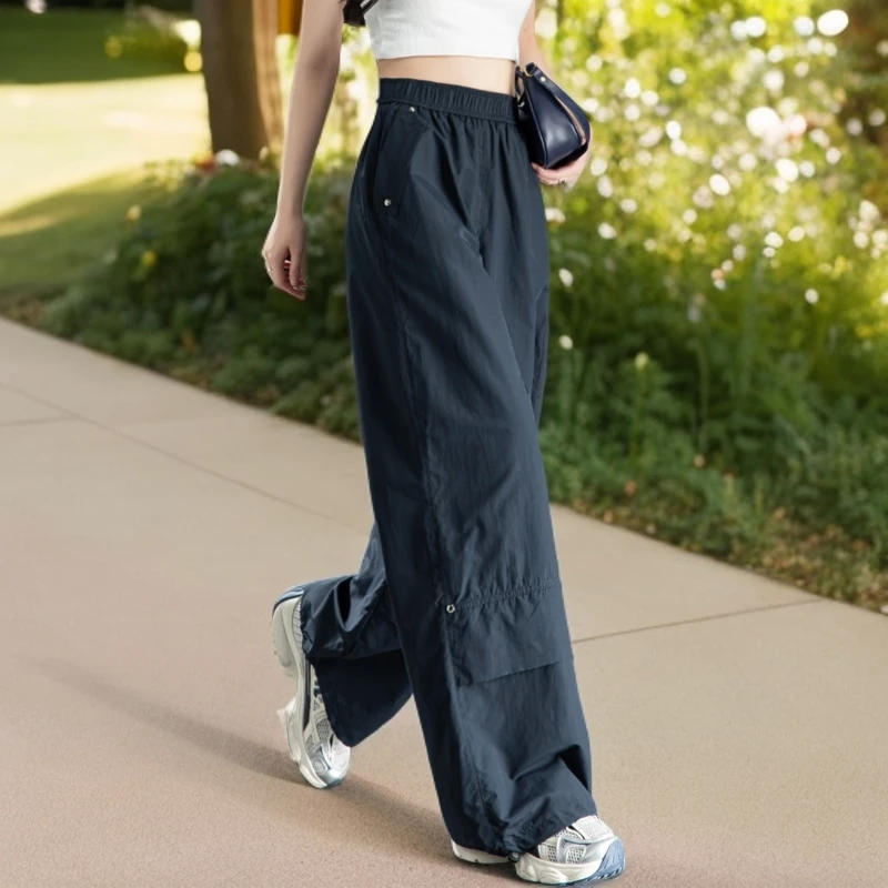 美式直筒速干裤子女2025新款夏季薄款高腰降落伞裤阔腿冰丝工装裤