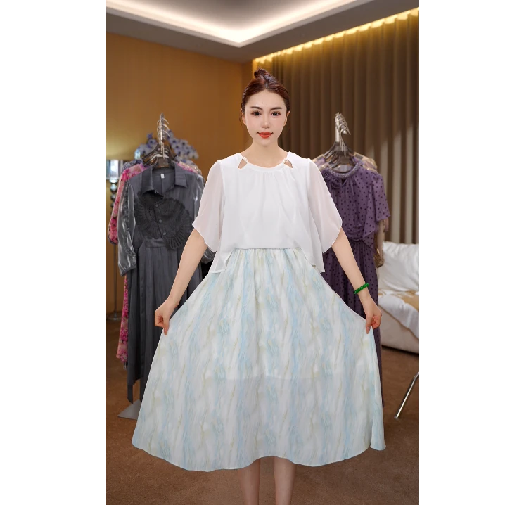 气质假两件拼接中长连衣裙夏季新款轻薄透气妈妈装圆领裙子1228#